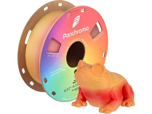 Polymaker Panchroma Gradient Matte PLA Filament in gradient colors with a printed frog model, 1.00 kg spool.