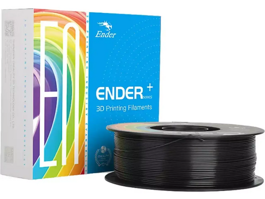 Creality Ender PLA+ Filament für robuste 3D-Druckteile mit schwarzem Filament auf Rolle und buntem Verpackungsdesign.