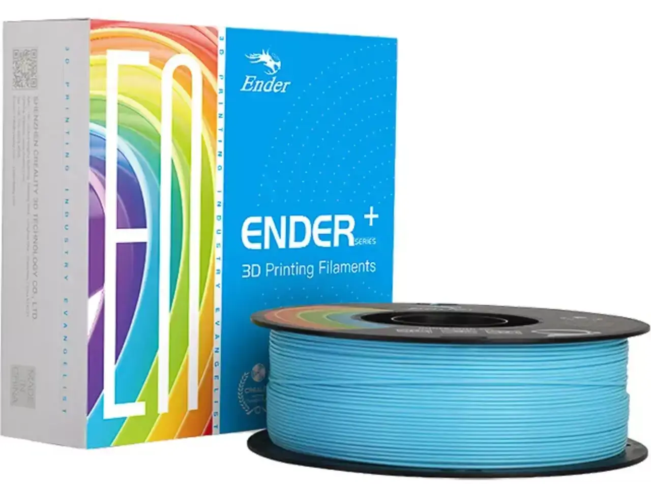 Creality Ender PLA+ Filament für robuste 3D-Druckteile in blauer Farbe, verpackt in einer bunten Box.