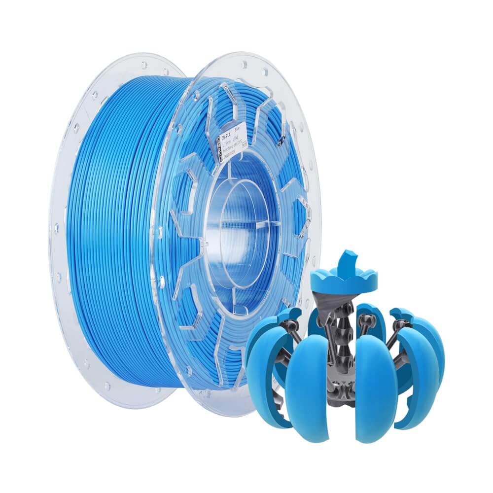 Creality CR-PLA Filament roll with blue filament and 3D printed model beside it, ideal for FDM 3D printers.