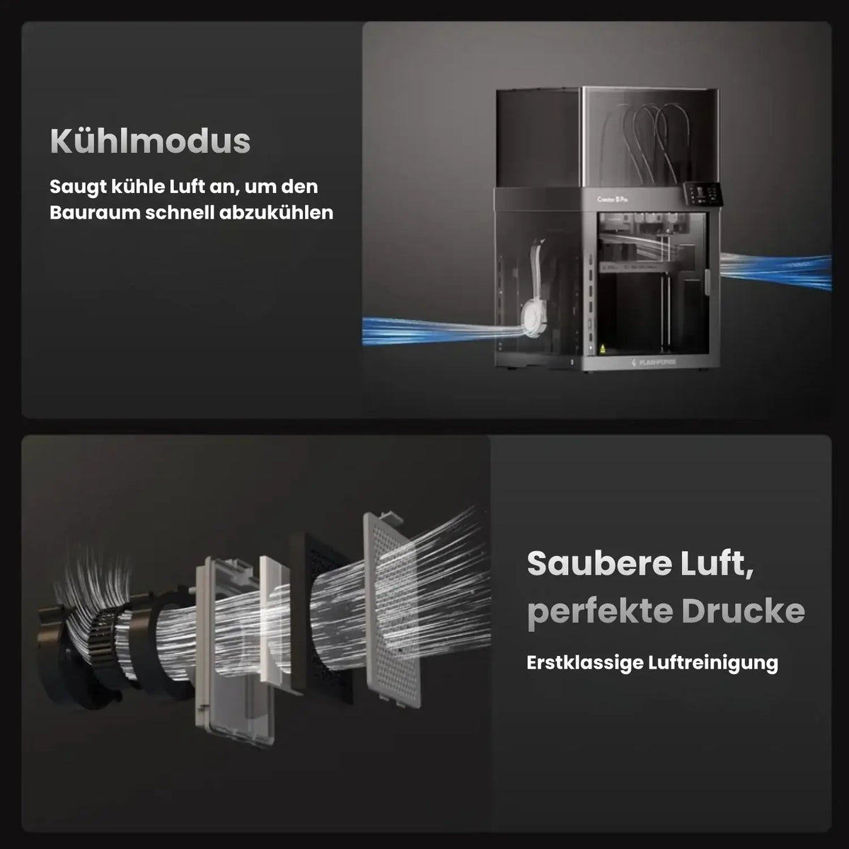 Flashforge Creator 5 Pro 3D Drucker: Kühlmodus und Luftreinigung des Bauraums mit sauberer Luft