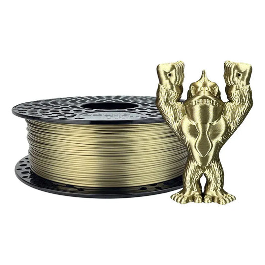 AzureFilm PLA Silk Filament mit seidigem Glanz auf Spule neben goldenem 3D-gedrucktem Gorilla-Figur
