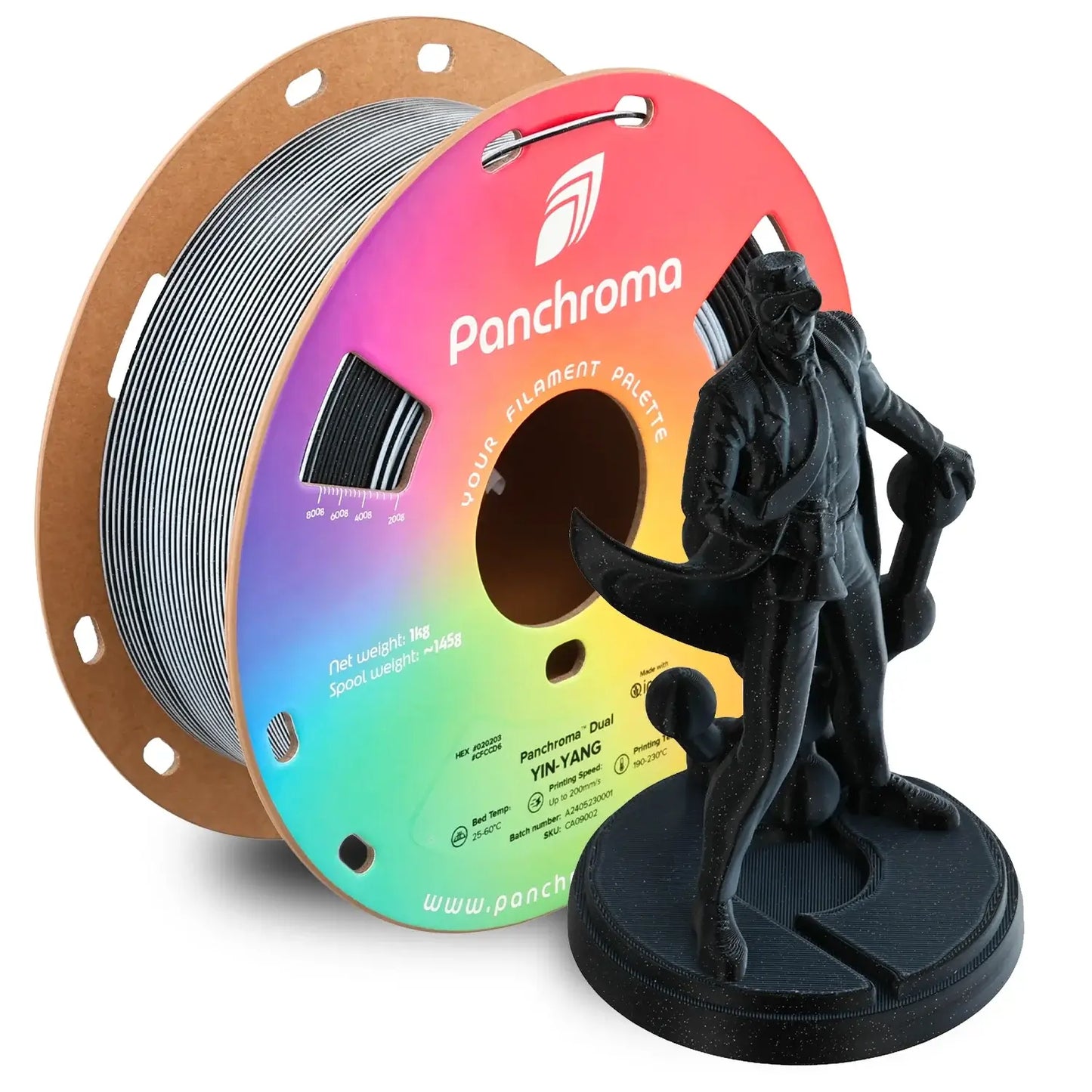 Polymaker Panchroma PLA Dual Matt filament spool with 3D printed figure in black.