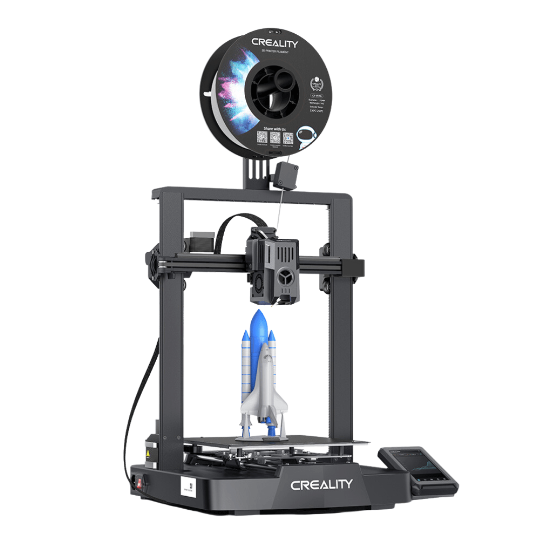 Creality Ender-3 V3 KE 3D Drucker mit Klipper-OS mit einem 3D-gedruckten Raketenmodell.