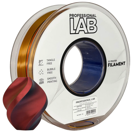Professional Lab Silk PLA Tri Color filament spool with a colorful 3D print sample showcasing its shiny finish.
