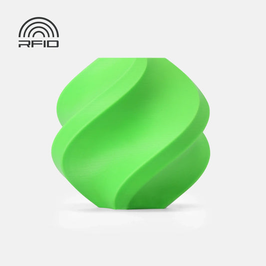 Bambu Lab PETG HF 3D-print green spiral vase showcased for efficient 3D printing solutions.