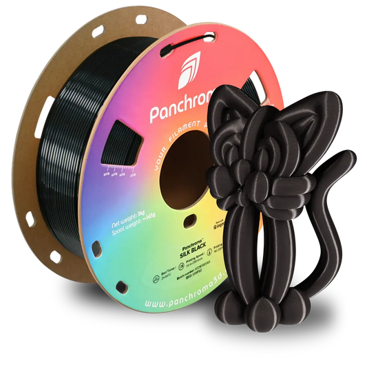 Polymaker Panchroma Silk PLA spool with a black glossy cat figurine, showcasing Silk PLA's elegant finish.