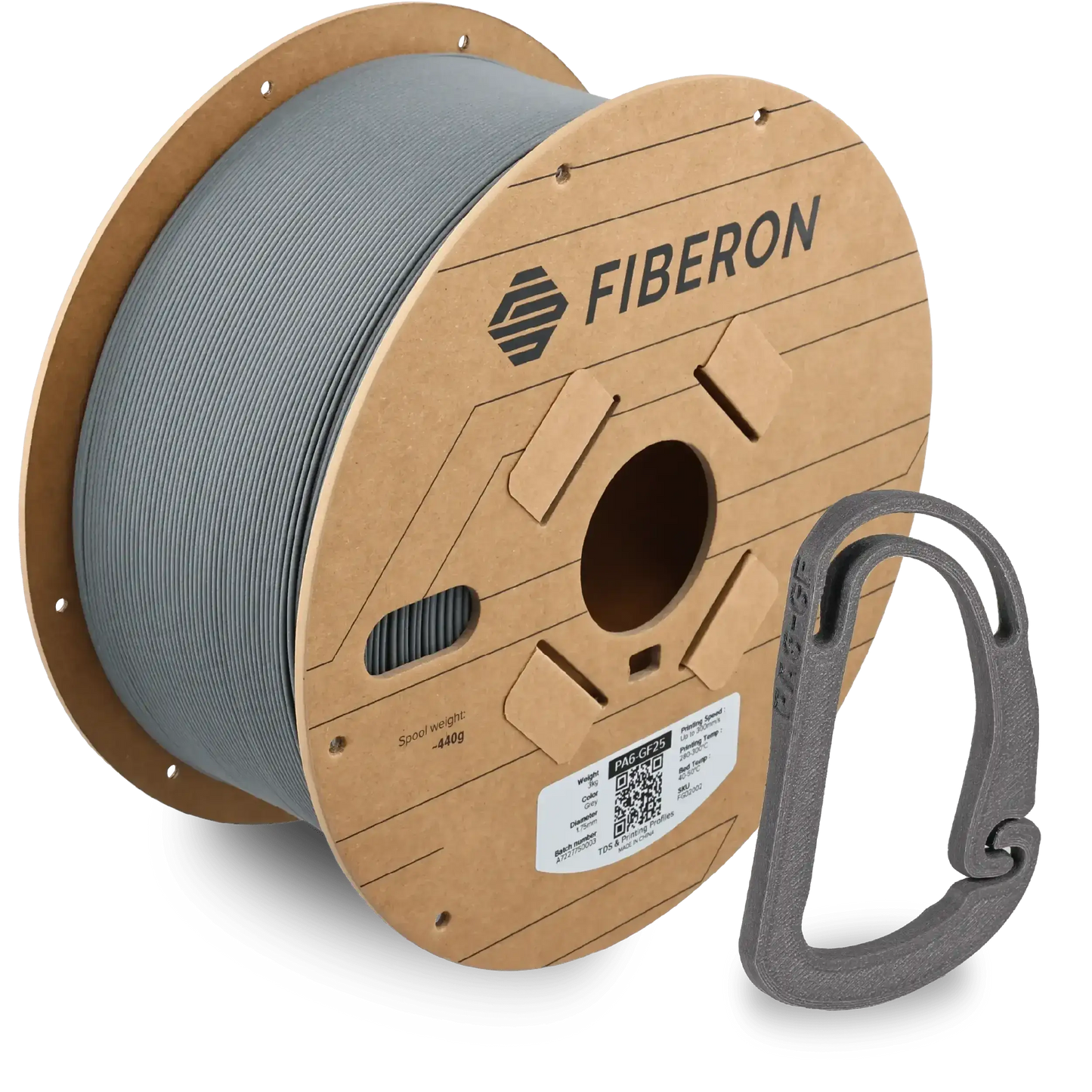 Polymaker Fiberon PA6-GF25 glasfaserverstärktes Nylon auf Spule mit 25 Prozent Glasfaseranteil.