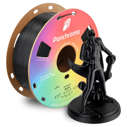 Panchroma CoPE Filament von Polymaker, schwarze Spule mit 3D-gedruckter Figur im Vordergrund