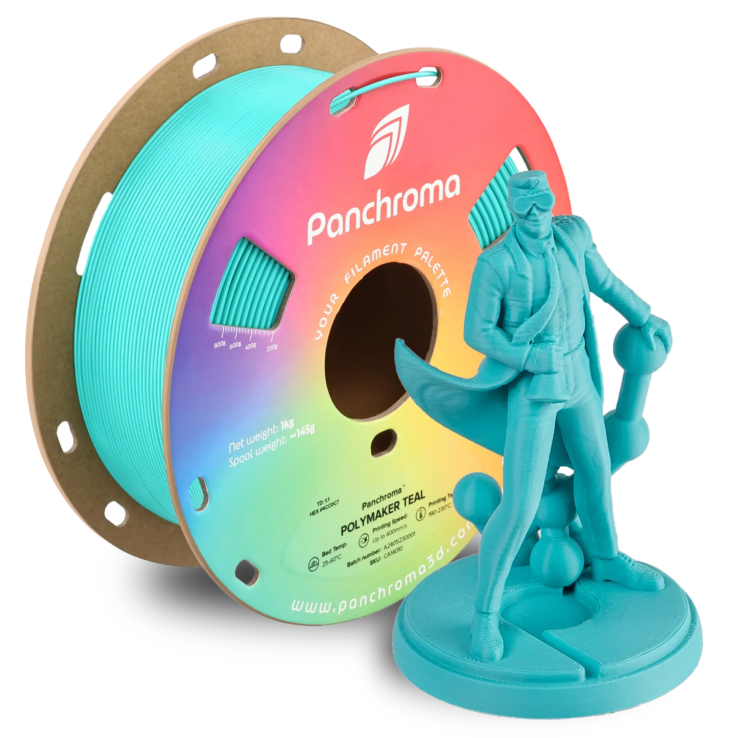 Panchroma CoPE Filament von Polymaker mit teal Spule und 3D-gedruckter Figur.