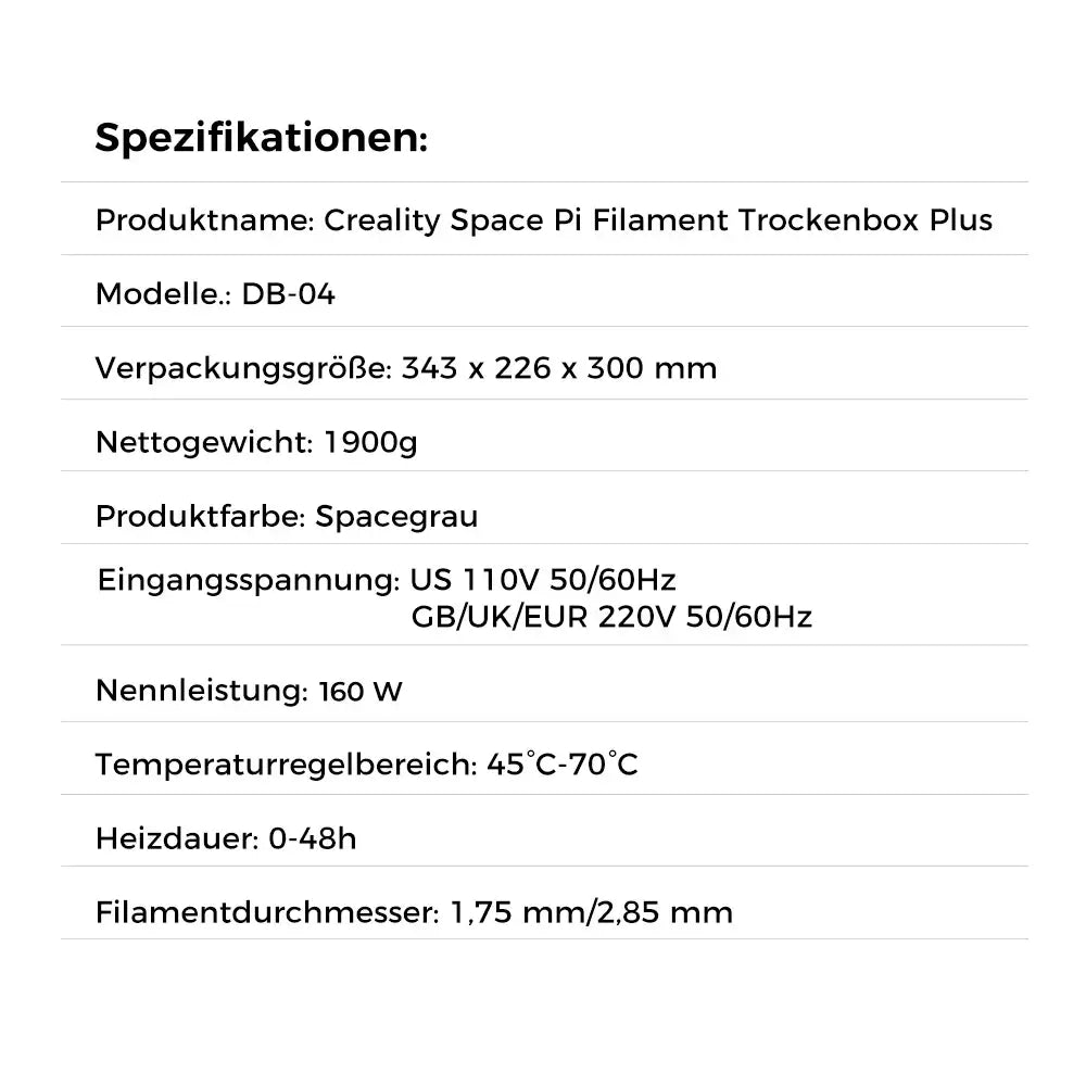 Spezifikationen der Creality Space Pi Filament Trockenbox Plus – 2 Spulen mit technischen Details und Abmessungen.
