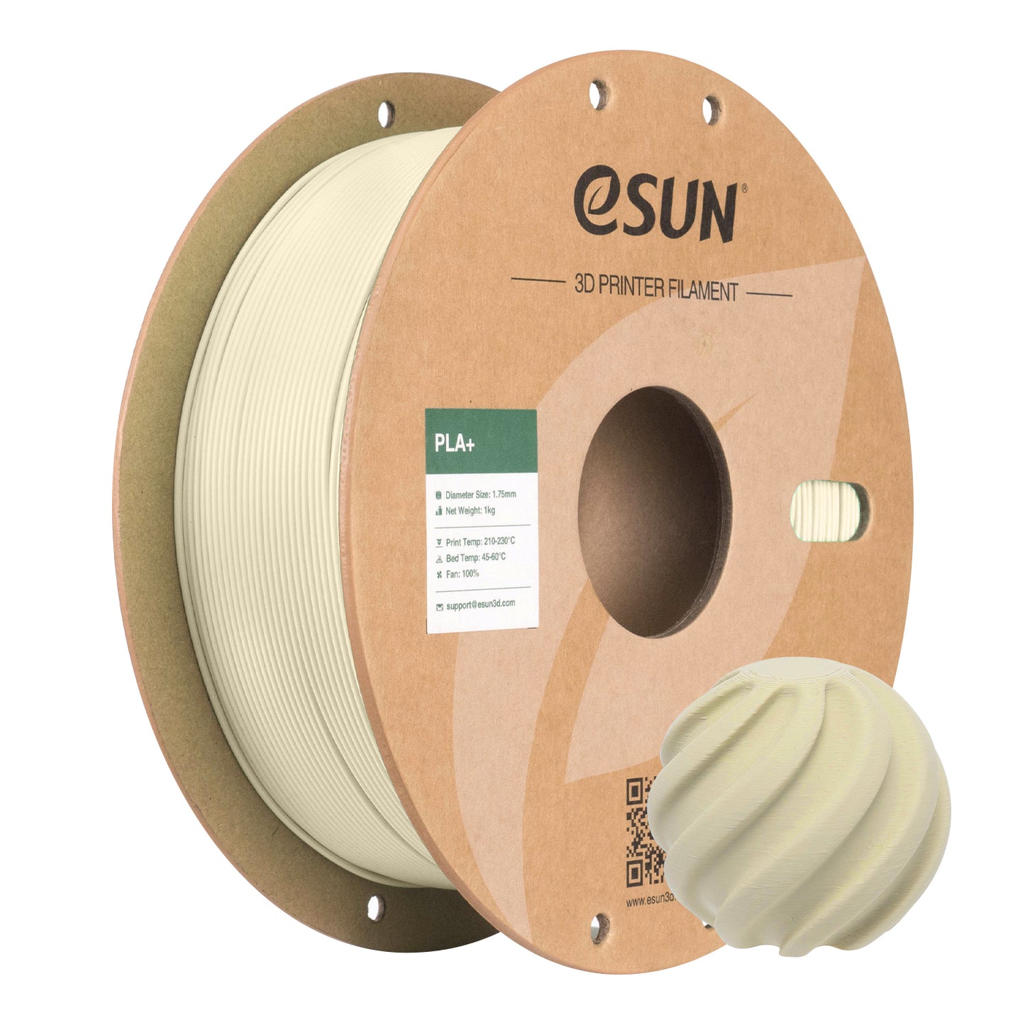 eSUN PLA+ – PLA-Filament mit erhöhter Zähigkeit auf einem Spulenformat mit beige Farbe.