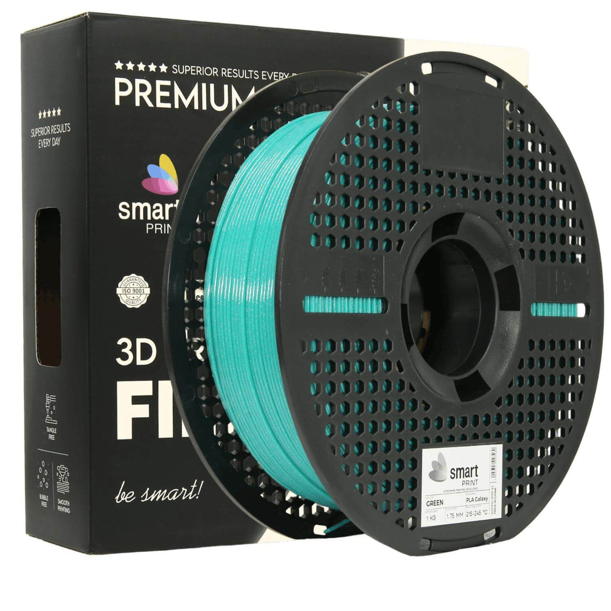 Smart Print PLA Galaxy filament in green color, 1.75 mm diameter, packaged for FDM 3D printing.