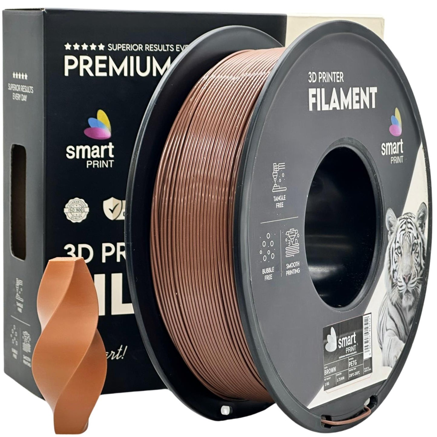 Smart Print PETG – robustes PETG-Filament für 3D-Druck mit Spule und Probe in der Verpackung.