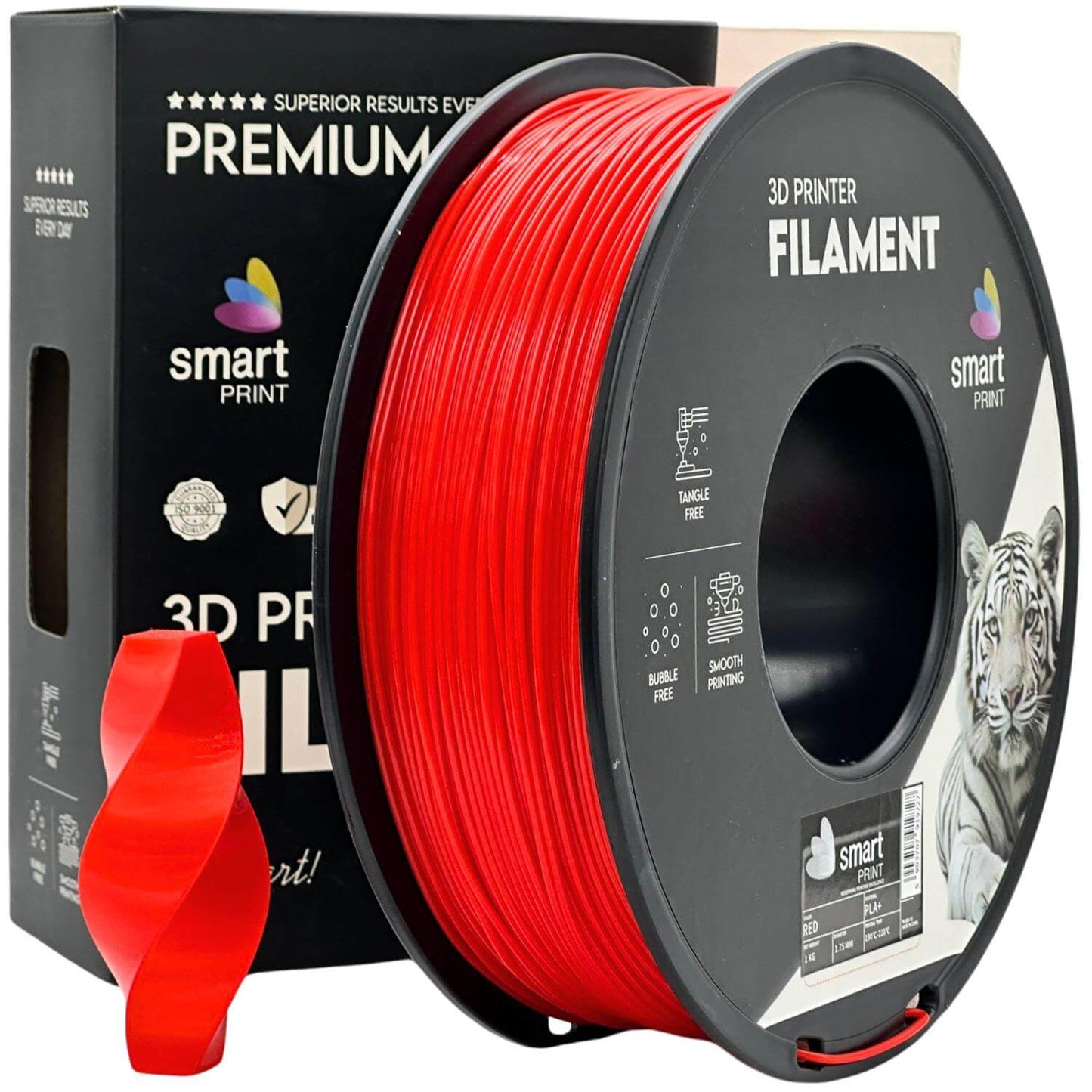 Smart Print PLA+ für stabile und belastbare Druckteile in rot mit Verpackung und Beispielmodell.