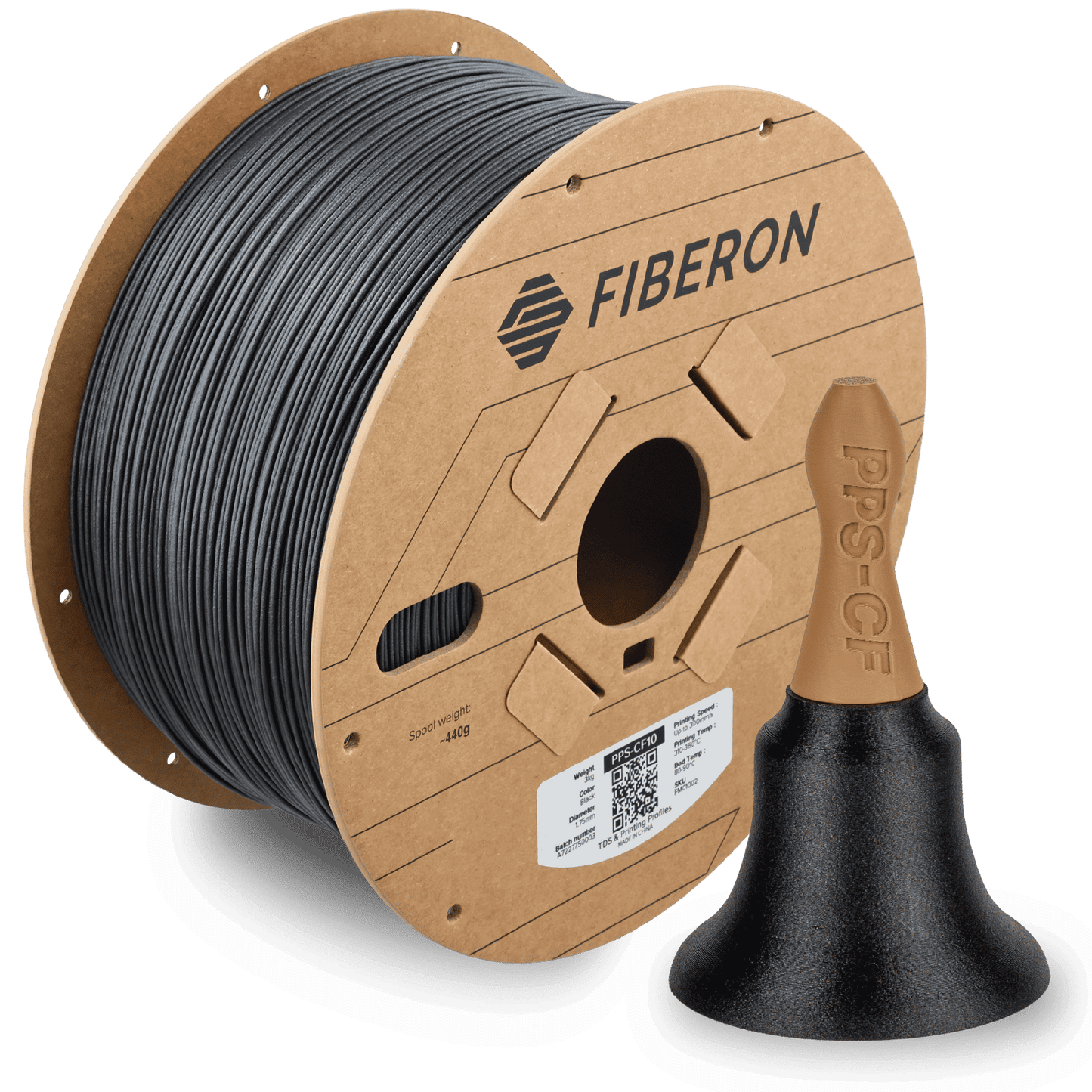 Polymaker Fiberon PPS-CF10 - 3D-Druckfilament auf einer Spule mit Kohlefaserverstärkung.