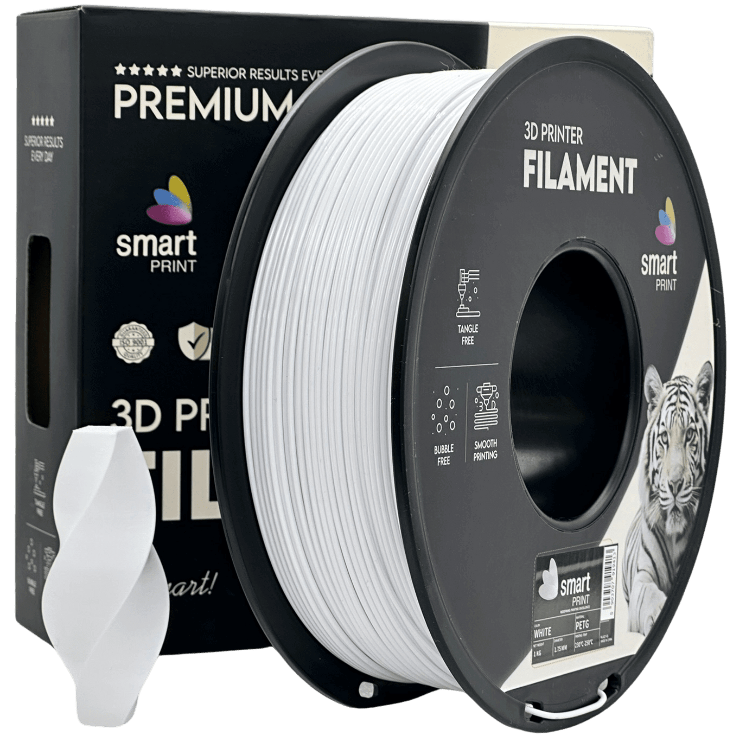 Smart Print PETG Filament spool with white filament, designed for reliable 3D printing with smooth surfaces.