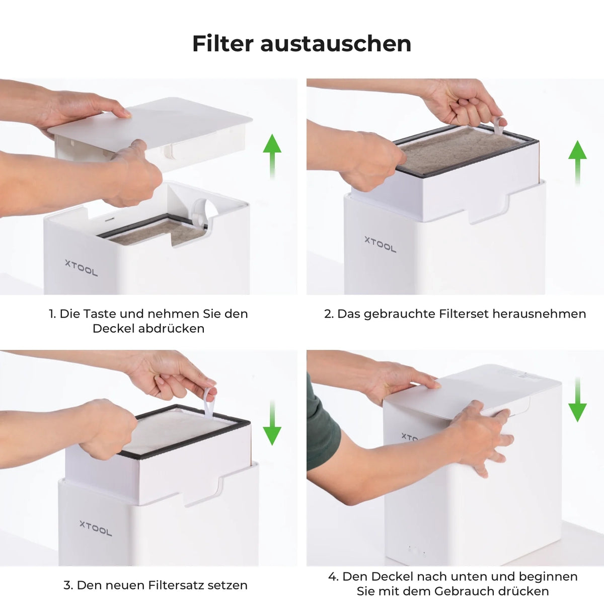 xTool Desktop Smoke Purifier Rauchreiniger, Filterwechsel in vier Schritten