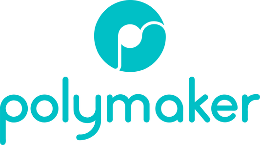 Polymaker Logo in Türkis mit modernem Schriftzug auf schwarzem Hintergrund