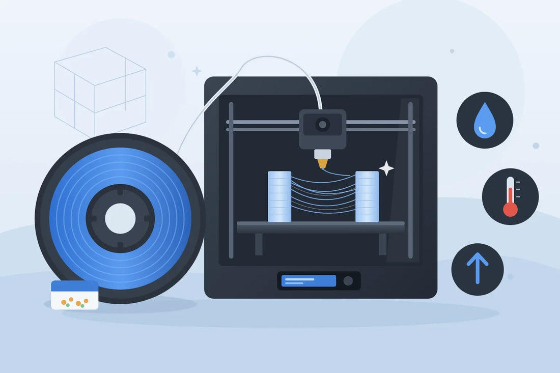 Illustration zu Stringing beim 3D-Druck: Fäden zwischen zwei Testtürmen im Drucker, daneben Filamentspule und Silica Gel