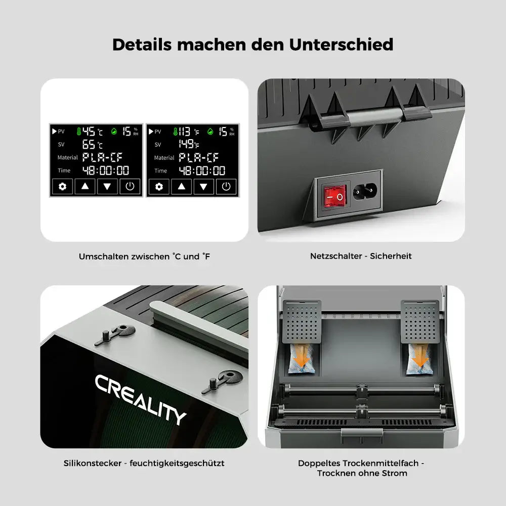 Creality Space Pi Filament Trockenbox Plus – 2 Spulen – Detailansicht mit Bedienelementen und Sicherheitstechnologie