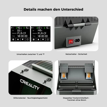 Creality Space Pi Filament Trockenbox Plus – 2 Spulen – Detailansicht mit Bedienelementen und Sicherheitstechnologie