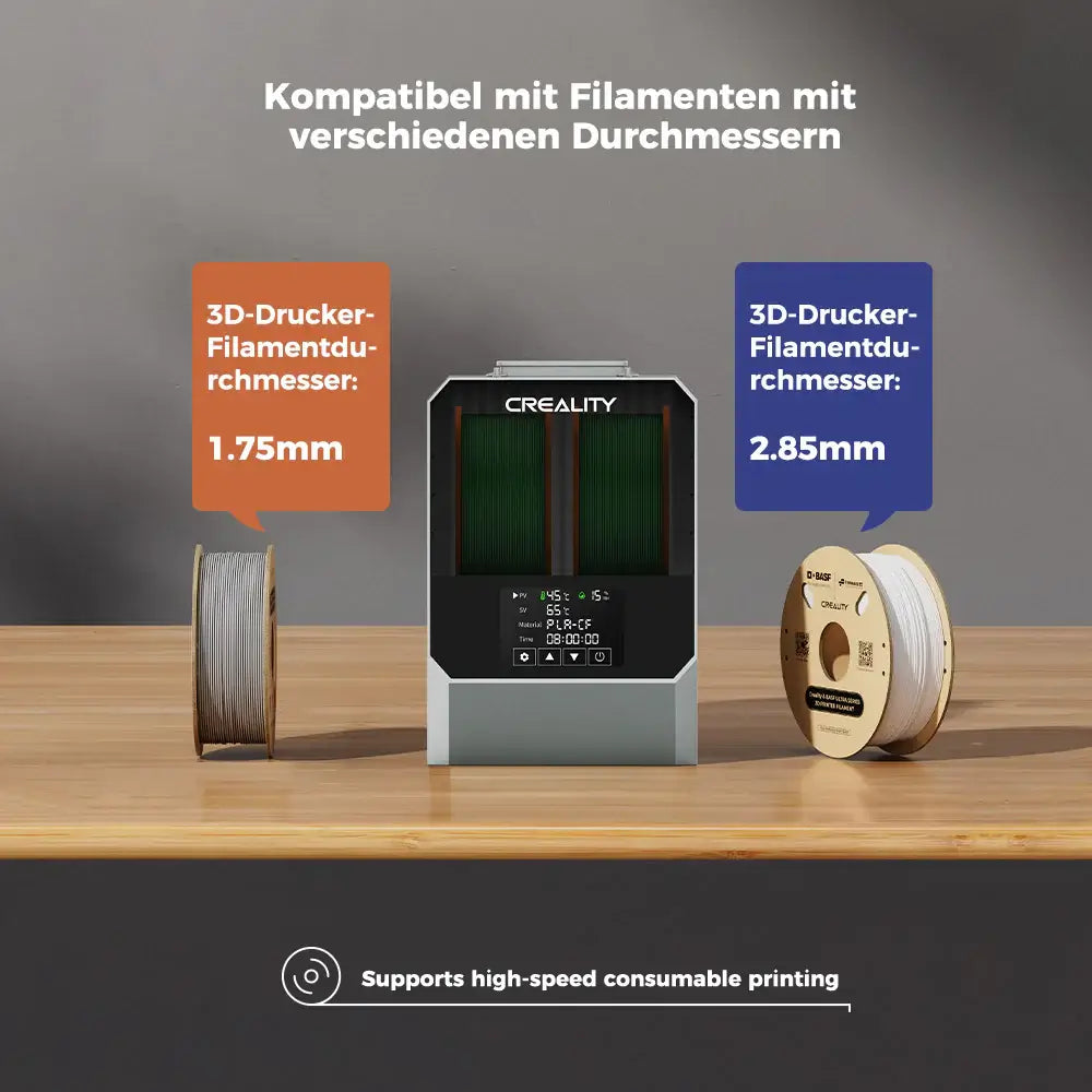 Creality Space Pi Filament Trockenbox Plus – 2 Spulen mit 3D-Drucker-Filamentdurchmessern 1.75mm und 2.85mm.