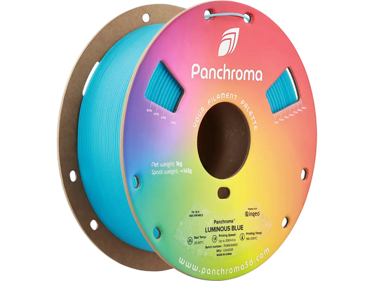 Polymaker Panchroma Luminous PLA Filament in Luminous Blue color on a spool, showcasing its vibrant hue for 3D printing.