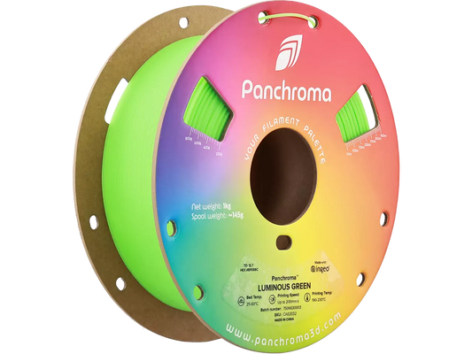 Polymaker Panchroma Luminous PLA Filament in Luminous Green, 1.00 kg spool showcasing vibrant colors and packaging.