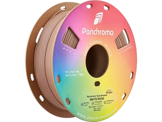 Polymaker Panchroma Gradient Matte PLA Filament in matte wood finish, 1 kg spool, showcasing vibrant gradient colors.