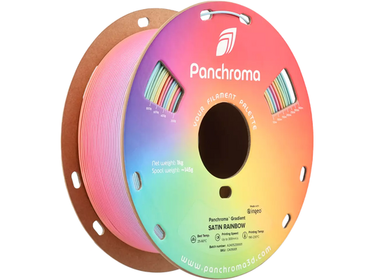 Polymaker Panchroma Gradient Satin PLA Filament in Satin Rainbow color, showcasing color transition on spool, 1.00 kg weight.