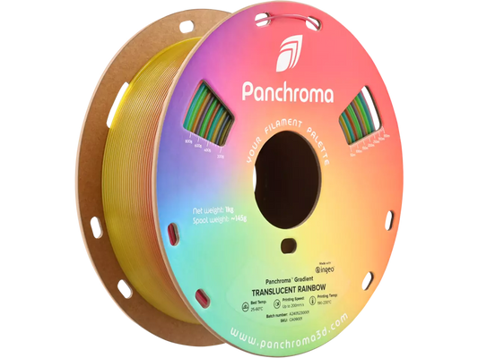 Polymaker Panchroma Gradient Translucent PLA Filament spool with rainbow gradient and translucent finish, weighing 1.00 kg.
