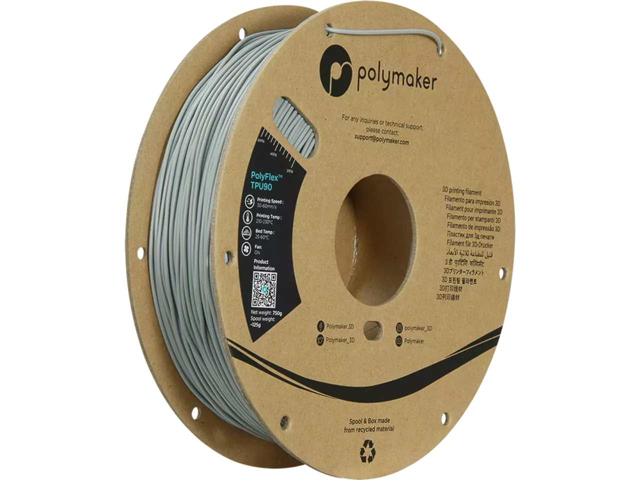 Polymaker PolyFlex TPU-90A Filament, Grey, 1,75mm, 0,75kg