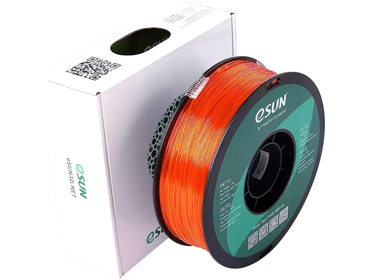 eSUN PETG orange filament spool with packaging for 3D printing applications.