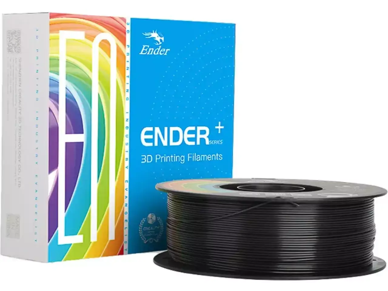 Creality Ender PLA+ Filament für robuste 3D-Druckteile mit schwarzem Filament auf Rolle und buntem Verpackungsdesign.