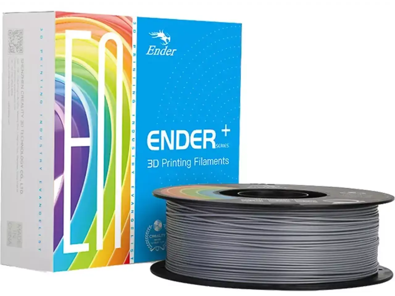 Creality Ender PLA+ Filament für robuste 3D-Druckteile, Spule und Verpackung im Bild.