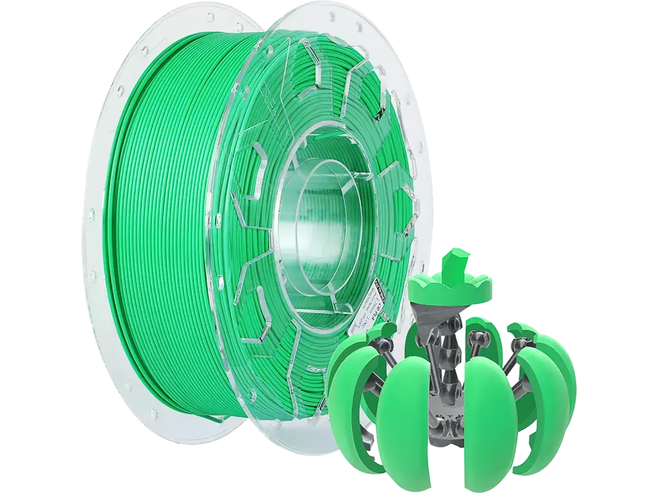 Creality CR-PLA Filament spool with green filament and 3D printed model on display.