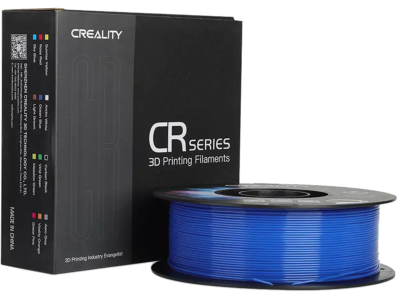 Creality CR-PETG Filament in blue color, showcasing packaging and spool for 3D printing applications.