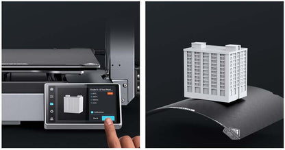 Creality Ender-3 V3 Plus 3D Drucker – CoreXZ, 300³ mit Touchscreen und 3D-Druckmodell eines Gebäudes.