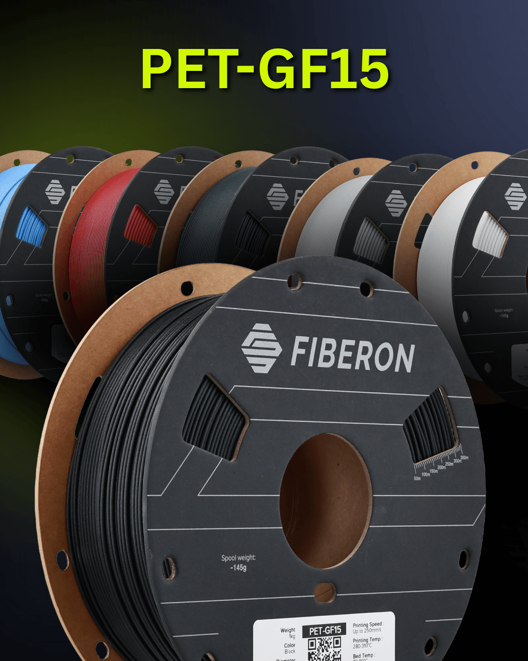 Polymaker Fiberon PET-GF15 – Glasfaserverstärktes PET-Filament Spulen in verschiedenen Farben
