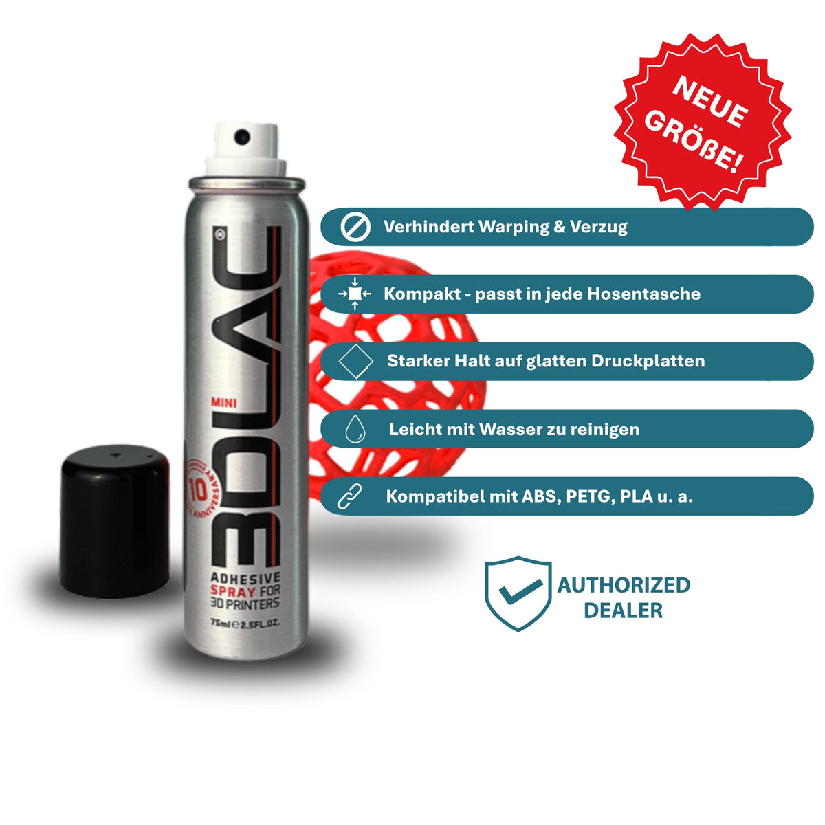 3DLAC MINI Spray 75 ml: Produktgrafik der Sprühdose mit Vorteilen und Hinweis auf neue Größe