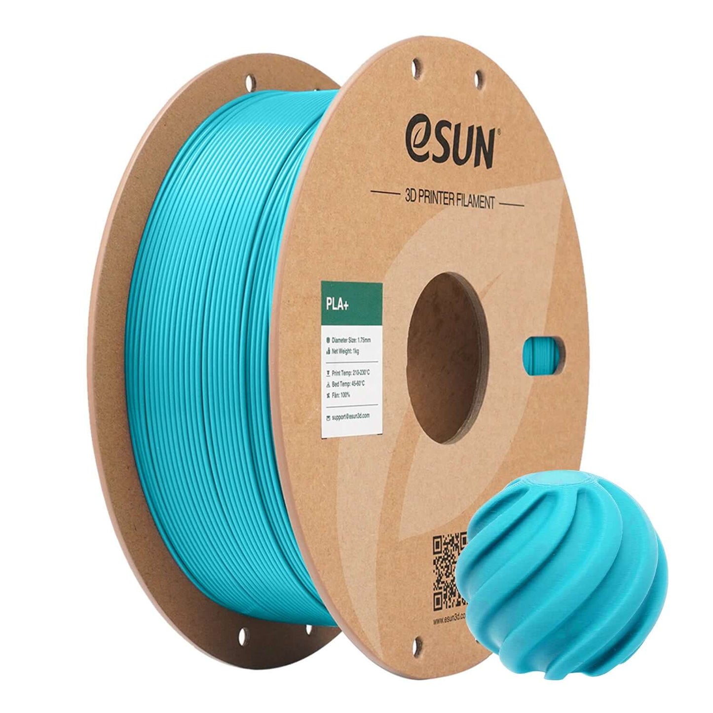 eSUN PLA+ – PLA-Filament mit erhöhter Zähigkeit in türkisfarbenem Spulenformat.