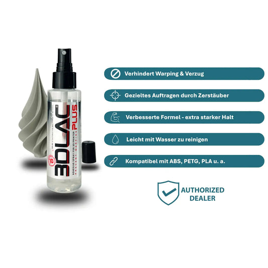 3DLAC Plus Haftspray 100 ml in Sprühflasche mit Anwendungshinweisen für 3D-Druckmaterialien.