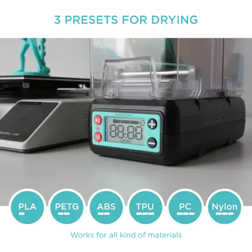 Polymaker PolyDryer Dry Dock Modul für Filamenttrocknung mit Digitalanzeige und verschiedenen Filamentoptionen.