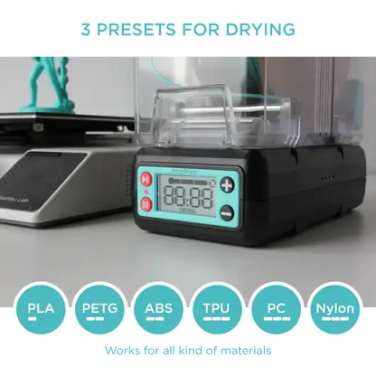 Polymaker PolyDryer Dry Dock Modul für Filamenttrocknung mit Digitalanzeige und verschiedenen Filamentoptionen.