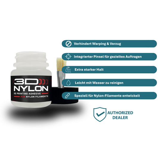 3DLAC 3DNYLON Haftmittel 30 ml mit Pinsel, für sicheren Halt und Vermeidung von Warping beim 3D-Druck.