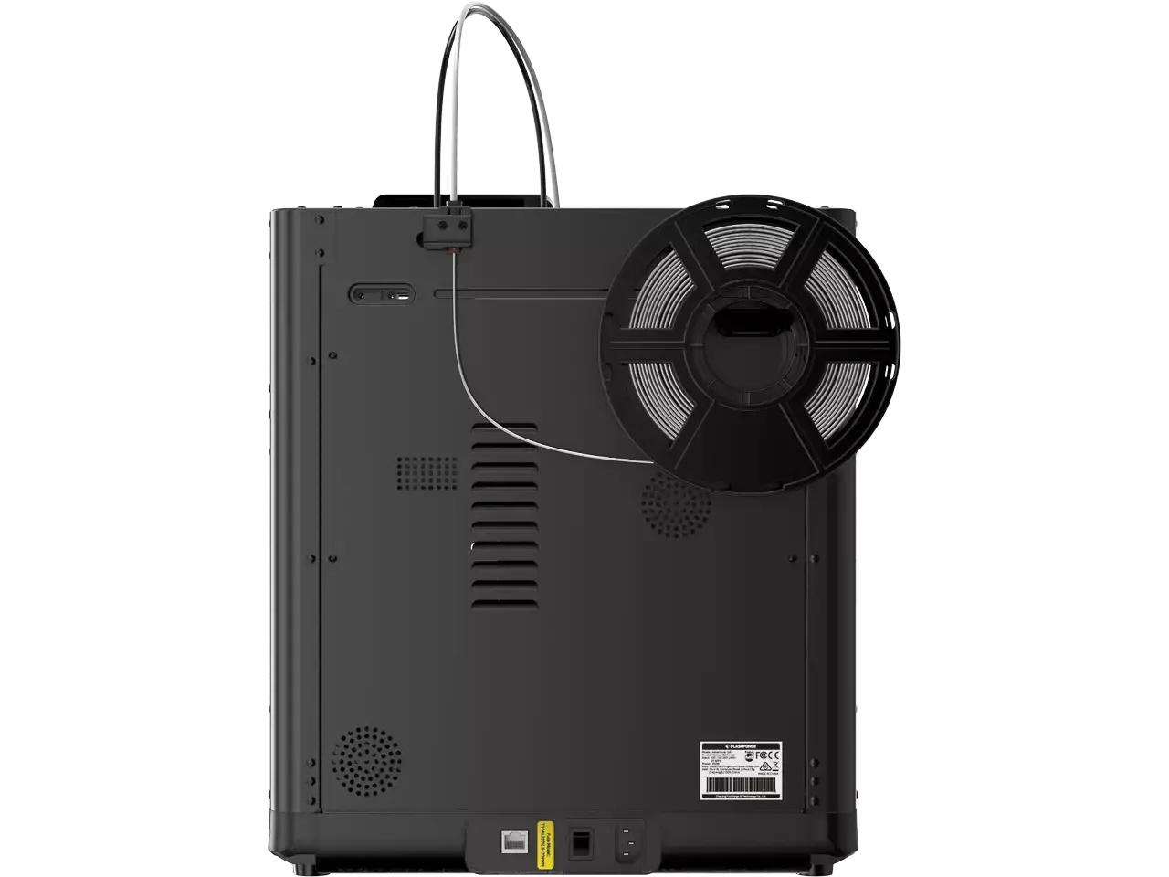 Rückansicht des Flashforge Adventurer 5M 3D Drucker mit Spulenhalter und Anschlussdetails.