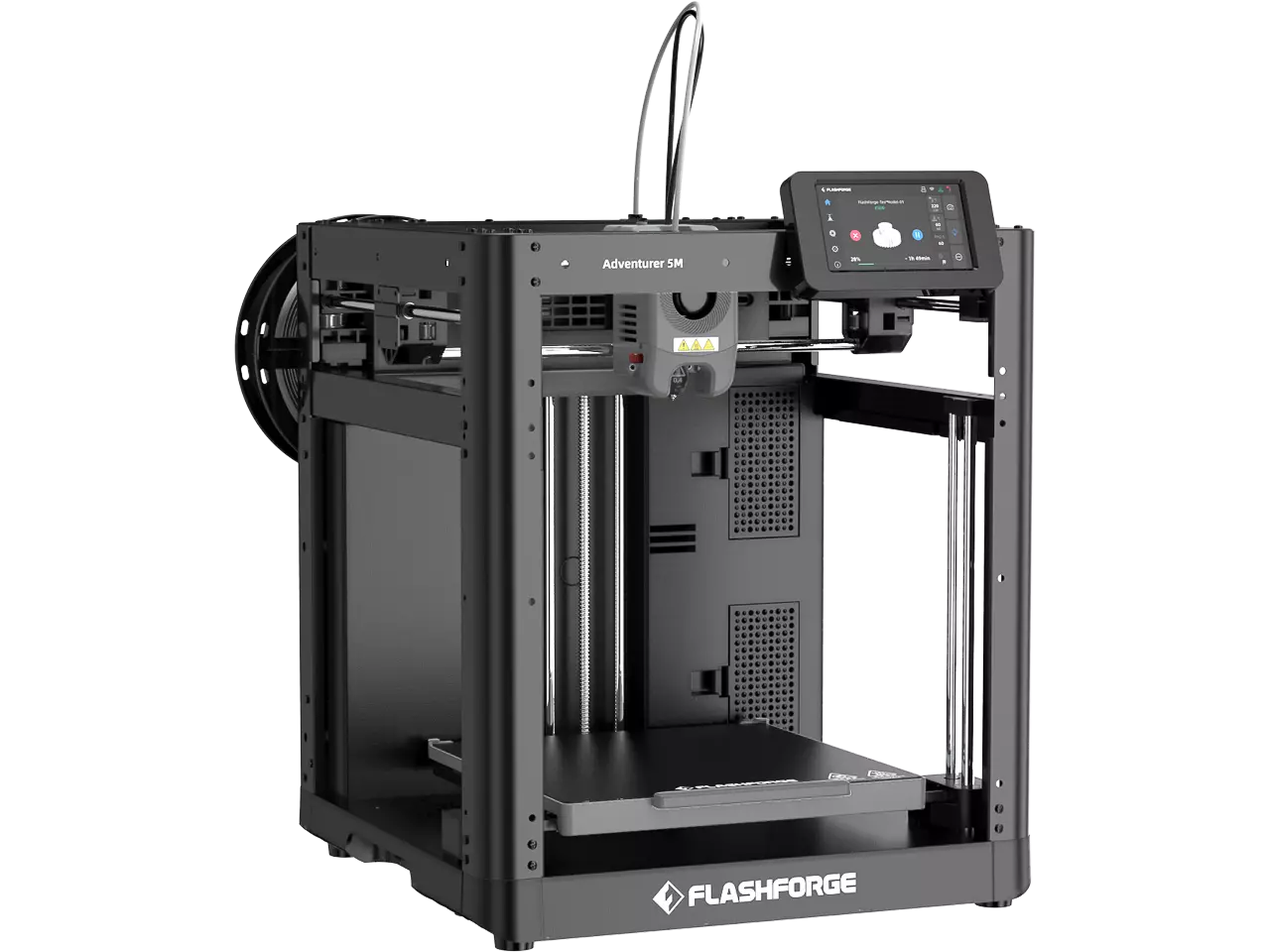 Flashforge Adventurer 5M 3D Drucker mit offenen Bauweise und vorinstallierten Komponenten.
