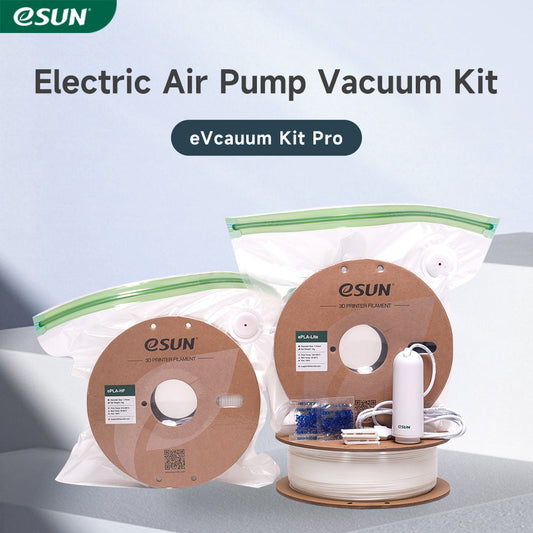 eSUN eVacuum Kit Pro – Filament vakuumversiegelt in Anwendung mit Vakuumbeuteln und elektrischem Luftpumpenadapter.
