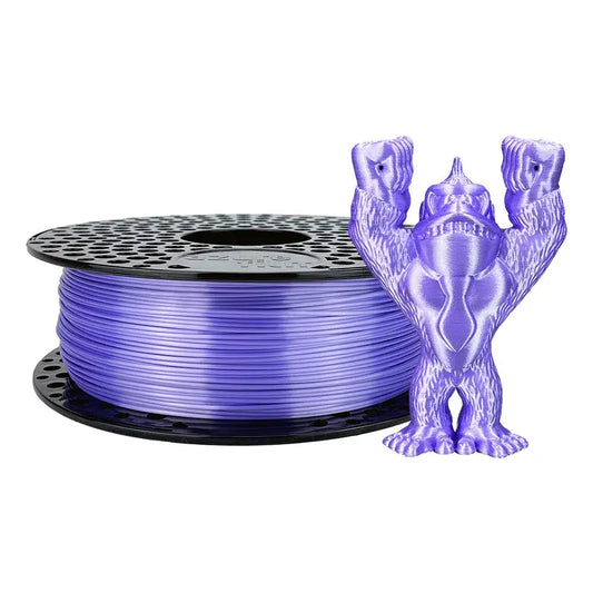 AzureFilm PLA Silk Filament mit seidigem Glanz in lila mit gedrucktem Gorilla-Figur daneben.